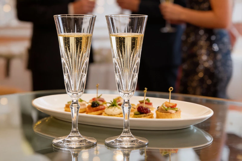 Dwa kieliszki szampana na bankietowym stole z eleganckimi przekąskami typu finger food w tle.