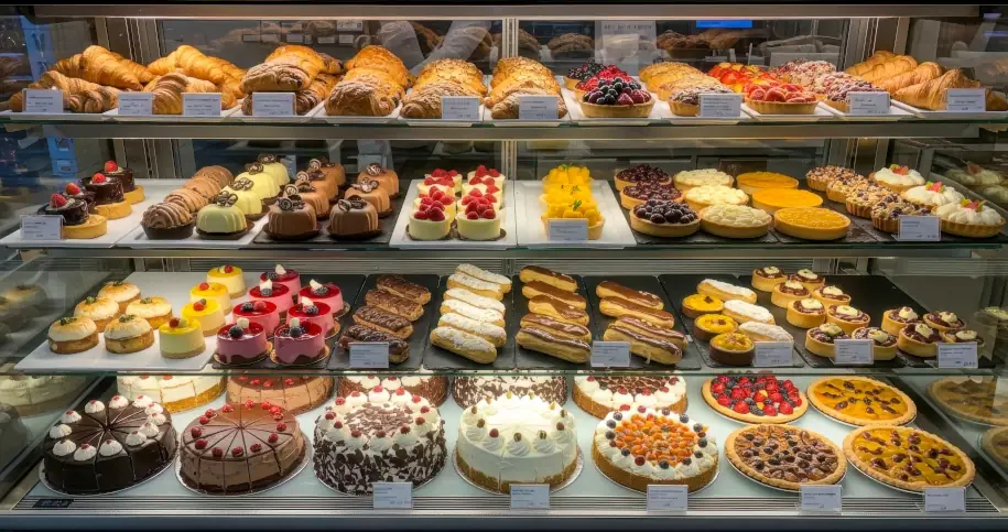 Witryna cukiernicza z ciastami