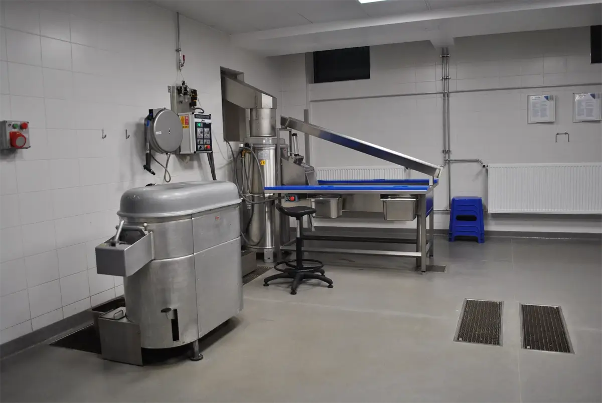 Pomieszczenie technologiczne wyposażone w linię do obróbki wstępnej warzyw – widoczna maszyna do mycia i sortowania warzyw korzeniowych, transporter taśmowy ze stanowiskiem do selekcji oraz system odprowadzania wody.