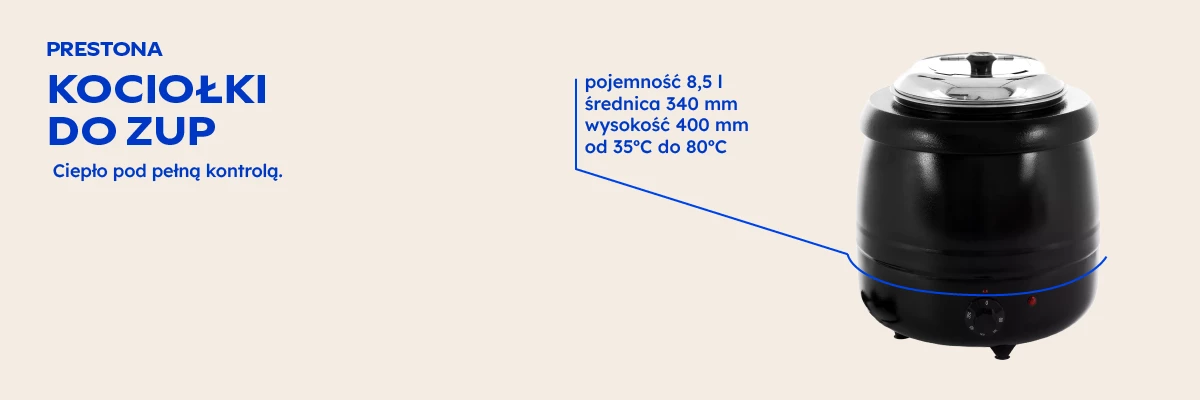 Kociołek do zup Prestona – elektryczny podgrzewacz do zup z czarną obudową i stalową pokrywą