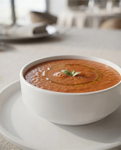 orcelana Bonna na restauracyjnym stole w eleganckiej aranżacji, podkreślającej nowoczesne wzornictwo, trwałość oraz premium jakość zastawy stołowej.