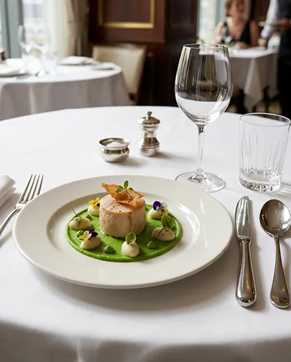 Porcelanowy talerz BONNA z wykwintnym daniem w aranżacji restauracyjnej