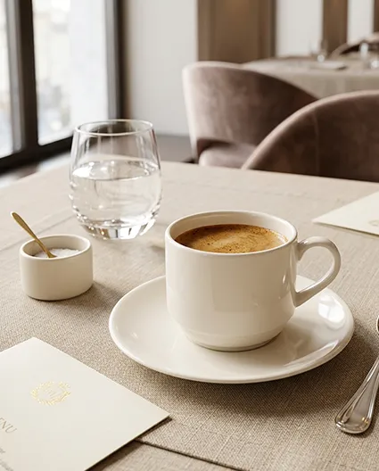 Porcelanowa filiżanka BONNA  w eleganckim nakryciu stołu restauracyjnego z białym obrusem