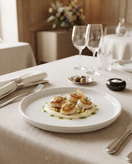 orcelana Bonna na restauracyjnym stole w eleganckiej aranżacji, podkreślającej nowoczesne wzornictwo, trwałość oraz premium jakość zastawy stołowej.