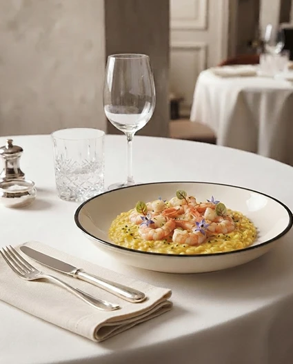 orcelana Bonna na restauracyjnym stole w eleganckiej aranżacji, podkreślającej nowoczesne wzornictwo, trwałość oraz premium jakość zastawy stołowej.