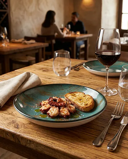 Porcelanowy talerz BONNA z wykwintnym daniem w aranżacji restauracyjnej