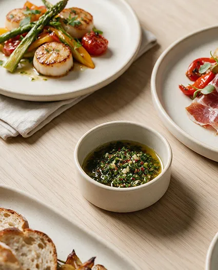 Porcelanowa miseczka BONNA  w eleganckim nakryciu stołu restauracyjnego.