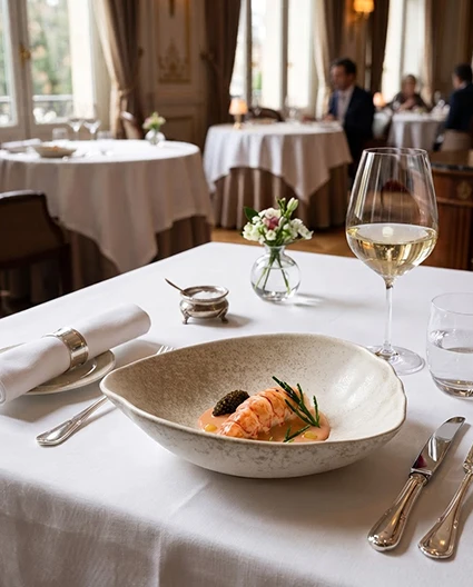 orcelana Bonna na restauracyjnym stole w eleganckiej aranżacji, podkreślającej nowoczesne wzornictwo, trwałość oraz premium jakość zastawy stołowej.