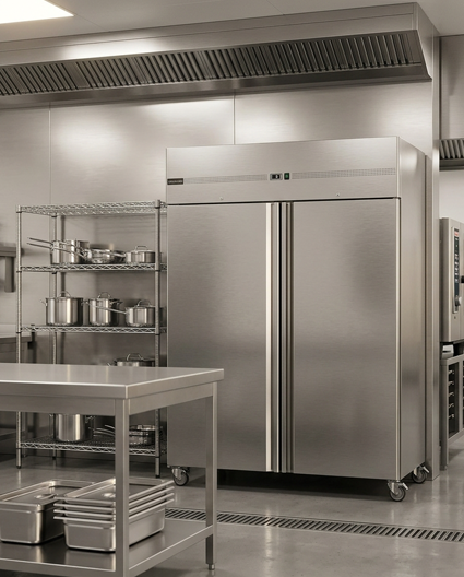 Dwudrzwiowa szafa chłodnicza ze stali nierdzewnej w profesjonalnej kuchni gastronomicznej.