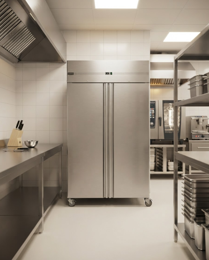 Dwudrzwiowa szafa chłodnicza ze stali nierdzewnej w profesjonalnej kuchni gastronomicznej.