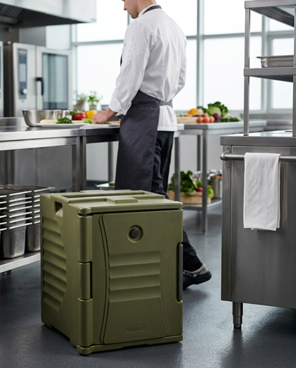 Termos cateringowy na żywność ustawiony na podłodze profesjonalnej kuchni gastronomicznej. Izolowany pojemnik transportowy w kolorze oliwkowym przeznaczony do przewożenia i utrzymywania temperatury potraw w gastronomii, cateringu i żywieniu zbiorowym.