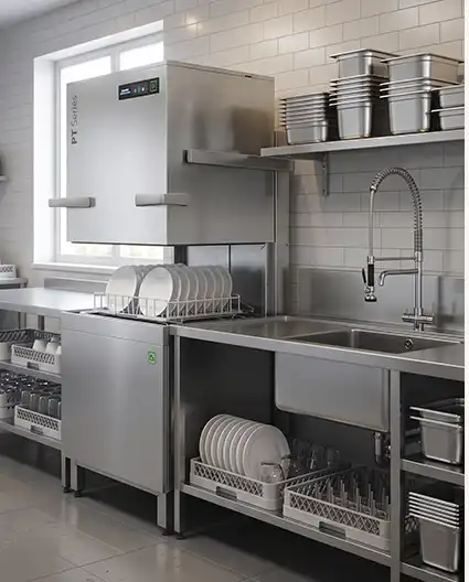 Podblatowa zmywarka Winterhalter UC do szkła i naczyń w eleganckiej przestrzeni zmywalni