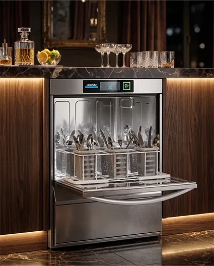 Podblatowa zmywarka Winterhalter UC do szkła i naczyń w eleganckiej przestrzeni barowej