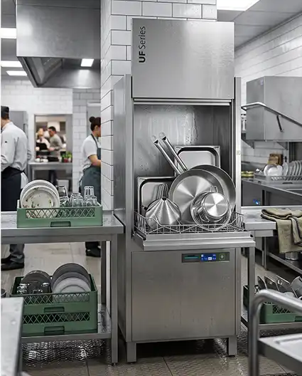 Podblatowa zmywarka Winterhalter do szkła i naczyń w przestrzeni zmywalni