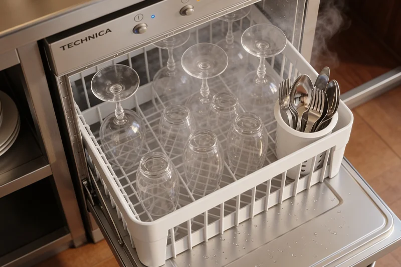 Zmywarka gastronomiczna TECHNICA z wysuniętym koszem wypełnionym kieliszkami, szklankami i pojemnikiem ze sztućcami; widoczna para wodna po cyklu mycia.