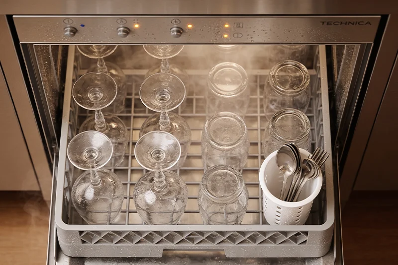 Otwarta zmywarka gastronomiczna TECHNICA w trakcie cyklu mycia, z koszem wypełnionym kieliszkami, słoikami oraz pojemnikiem ze sztućcami, widoczna para wodna wewnątrz urządzenia.