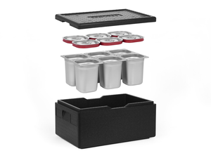 [Zestaw] Pojemnik termoizolacyjny GN 1/1 200 mm + 6x Pojemnik GN 1/6, 200 mm, ze stali nierdzewnej + pokrywy z uszczelką silikonową