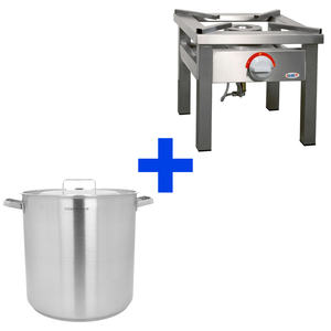[Zestaw] Garnek wysoki 50,3 l o średnicy 400 mm z pokrywką ze stali nierdzewnej + Taboret gazowy 400x400x350 mm, 6,5 kW