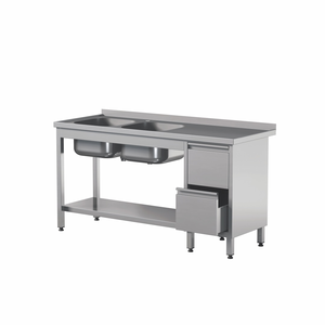 Stół przyścienny z dwoma zlewami, półką i szufladami ze stali nierdzewnej, 1600x600x850 mm, Eco Line | EDENOX, STW-166/2 PL L 2DR S