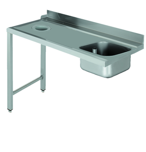 Stół załadowczy na 2 nogach ze zlewozmywakiem i z otworem na odpadki, z podłączeniem zmywarki z lewej strony ze stali nierdzewnej, 1200x700x850 mm, Eco Line | EDENOX, DSTL-127 H 2L