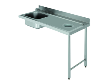 Stół załadowczy na 2 nogach ze zlewozmywakiem i z otworem na odpadki, z podłączeniem zmywarki z prawej strony ze stali nierdzewnej, 1200x700x850 mm, Eco Line | EDENOX, DSTR-127 H 2L