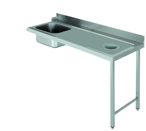 Stół załadowczy na 2 nogach ze zlewozmywakiem i z otworem na odpadki, z podłączeniem zmywarki z prawej strony ze stali nierdzewnej, 1400x700x850 mm, Eco Line | EDENOX, DSTR-147 H 2L