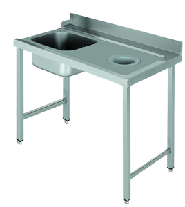 Stół załadowczy na 4 nogach ze zlewozmywakiem i z otworem na odpadki, z podłączeniem zmywarki z prawej strony ze stali nierdzewnej, 1000x700x850 mm, Eco Line | EDENOX, DSTR-107 H 4L