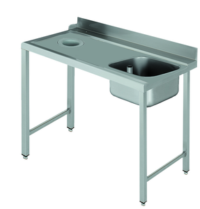 Stół załadowczy na 4 nogach ze zlewozmywakiem i z otworem na odpadki, z podłączeniem zmywarki z prawej strony ze stali nierdzewnej, 1100x700x850 mm, Eco Line | EDENOX, DSTL-117 H 4L