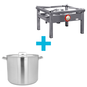 [Zestaw] Garnek średni 57,3 l o średnicy 450 mm z pokrywką ze stali nierdzewnej + Taboret gazowy 600x600x350 mm, 7,2 kW