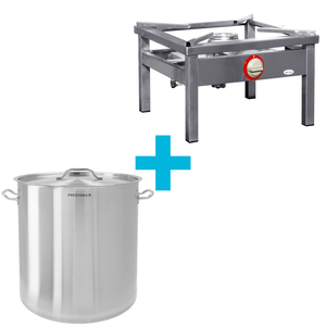 [Zestaw] Garnek wysoki 98 l o średnicy 500 mm z pokrywką ze stali nierdzewnej + Taboret gazowy 600x600x350 mm, 7,2 kW