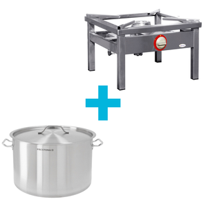 [Zestaw] Garnek średni 58 l o średnicy 500 mm z pokrywką ze stali nierdzewnej + Taboret gazowy 600x600x350 mm, 7,2 kW