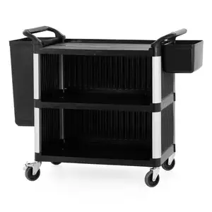 [Zestaw] Wózek kelnerski 3-półkowy, zabudowany z 3 stron, z polipropylenu 1020x500x950 mm + Pojemnik na sztućce do wózka kelnerskiego 13 l 330x230x175 mm + Pojemnik na odpadki do wózka kelnerskiego 42 l 330x230x560 mm | TECHNICA, Silver Line