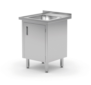 Stół ze zlewem, szafka z drzwiami na zawiasach, 500x600x850 mm, inox | HENDI, 813492