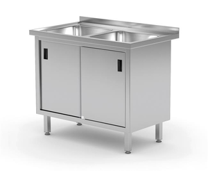 Stół z dwoma zlewami, szafka z drzwiami suwanymi, 1000x600x850 mm, inox | HENDI, 813690