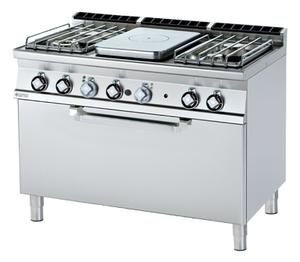 Kuchnia żeliwna gazowa 5-palnikowa z piekarnikiem elektrycznym, 36.9 kW, 1200x700x900 mm, 400 V, inox | RMGASTRO, TPF4 - 712 GE/P
