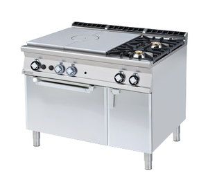 Kuchnia żeliwna gazowa 2-palnikowa z piekarnikiem elektrycznym i szafką,38.2 kW, 1200x900x900 mm, inox, czarna | RMGASTRO, TPFV2 - 912 GEV