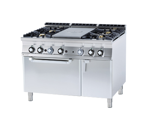 Kuchnia gazowa 5-palnikowa z piekarnikiem elektrycznym, 40,32 kW, 1200x900x900 mm, inox, czarna | RMGASTRO, TPFV4 - 912 GEV