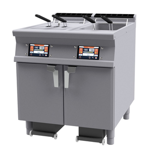 Frytownica elektryczna dwukomorowa 2x 18 l z kranem spustowym i panelem cyfrowym, wolnostojąca z drzwiami, 31,9 kW, 400 V, 800x900x900 mm | RMGASTRO, F2/18-98ETD