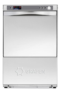 Zmywarka do szkła i naczyń, z elektronicznym sterowaniem, z dozownikiem płynu myjącego i pompą spustową, kosz: 400x400 mm, 3,2 kW, 450x535x700 mm | GRAFEN, GS40E PS DDE