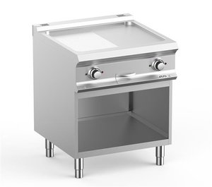 Płyta grillowa elektryczna, ze stali nierdzewnej, 1/2 gładka i 1/2 ryflowana chromowana, na podstawie z 3 stron zamkniętej, 10 kW, 700x730x850 mm | MBM, DominaPro 700