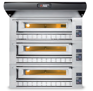 Piec do pizzy 3-komorowy z okapem i bazą, gazowy, 93 kW, 2000x1590x1770/2700 mm, 36x pizza 300 mm | MORETTI FORNI, P150