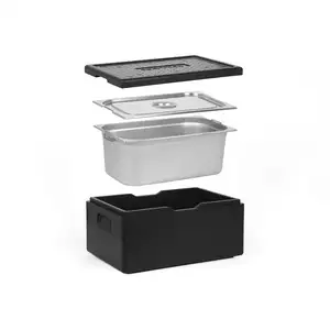 [Zestaw] Pojemnik termoizolacyjny GN 1/1 200 mm + 1x Pojemnik GN 1/1 200 mm, z uchwytami, ze stali nierdzewnej + pokrywa z wycięciem na uchwyty