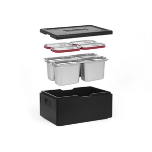 [Zestaw] Pojemnik termoizolacyjny GN 1/1 200 mm + 4x Pojemnik GN 1/4, 200 mm, z uchwytami, ze stali nierdzewnej + pokrywy z uszczelką silikonową