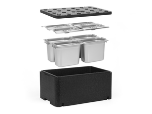 [Zestaw] Pojemnik termoizolacyjny GN 1/1 250 mm Essential Line + 4x Pojemnik GN 1/4, 200 mm, z uchwytami, ze stali nierdzewnej + pokrywy z wycięciem na uchwyty