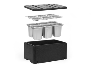 [Zestaw] Pojemnik termoizolacyjny GN 1/1 250 mm Essential Line + 6x Pojemnik GN 1/6, 200 mm, z uchwytami, ze stali nierdzewnej + pokrywy z wycięciem na uchwyty