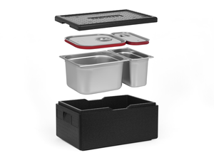 [Zestaw] Pojemnik termoizolacyjny GN 1/1 200 mm | Silver Line + 1x Pojemnik GN 2/3 + 1x GN 1/3, 200 mm, ze stali nierdzewnej + pokrywy z uszczelką silikonową