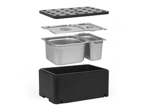 [Zestaw] Pojemnik termoizolacyjny GN 1/1 250 mm | Essential Line + 1x Pojemnik GN 2/3 z uchwytami + 1x GN 1/3 z uchwytami, 200 mm, ze stali nierdzewnej + pokrywy
