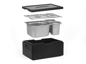 [Zestaw] Pojemnik termoizolacyjny GN 1/1 200 mm | Silver Line + 1x Pojemnik GN 2/3 z uchwytami + 2x GN 1/6 z uchwytami, 200 mm, ze stali nierdzewnej + pokrywy