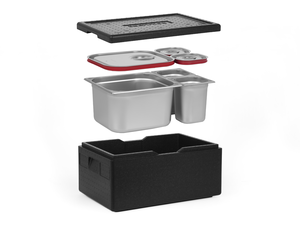 [Zestaw] Pojemnik termoizolacyjny GN 1/1 200 mm | Silver Line + 1x Pojemnik GN 2/3 + 2x GN 1/6, 200 mm, ze stali nierdzewnej + pokrywy z uszczelką silikonową