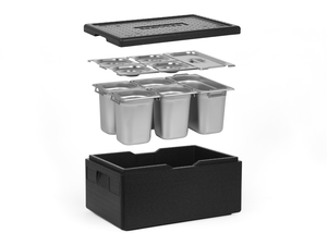 [Zestaw] Pojemnik termoizolacyjny GN 1/1 200 mm | Silver Line + 1x Pojemnik GN 1/3 z uchwytami + 4x GN 1/6 z uchwytami, 200 mm, ze stali nierdzewnej + pokrywy